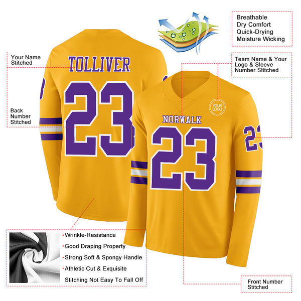 Custom Gold Purple-White Long Sleeve Authentic Football Jersey alternate