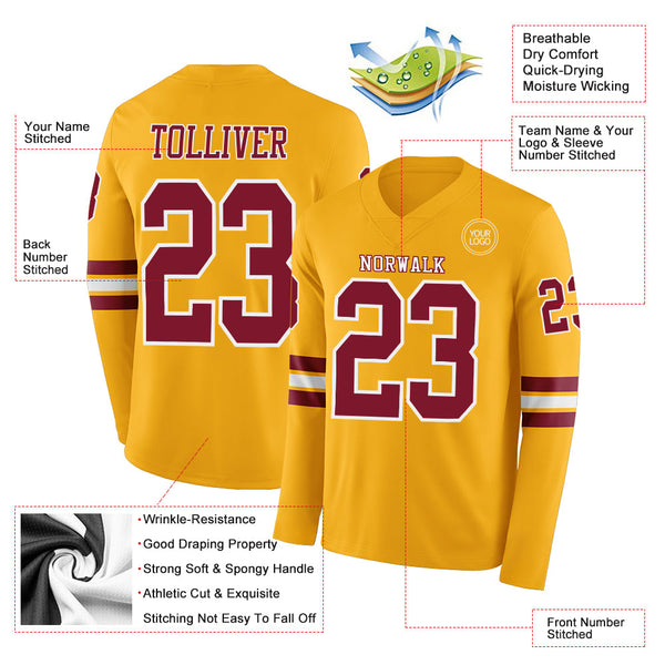 Custom Gold Crimson-White Long Sleeve Authentic Football Jersey alternate