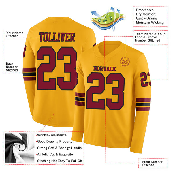Custom Gold Crimson-Black Long Sleeve Authentic Football Jersey alternate