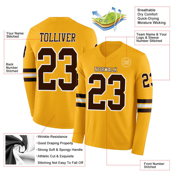 Custom Gold Brown-White Long Sleeve Authentic Football Jersey alternate