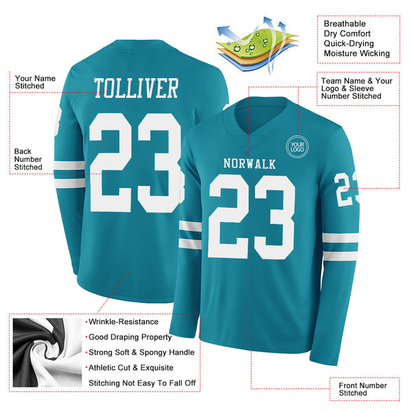 Custom Teal White Long Sleeve Authentic Football Jersey alternate