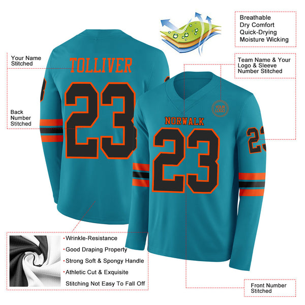 Custom Teal Black-Orange Long Sleeve Authentic Football Jersey alternate