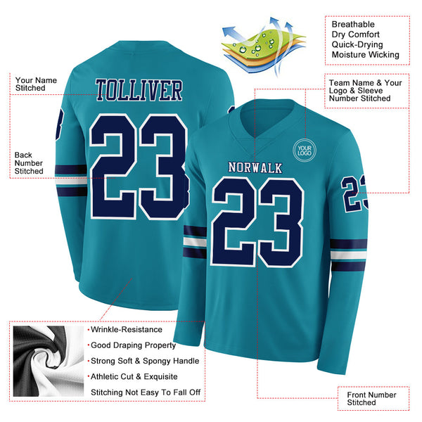 Custom Teal Navy-White Long Sleeve Authentic Football Jersey alternate