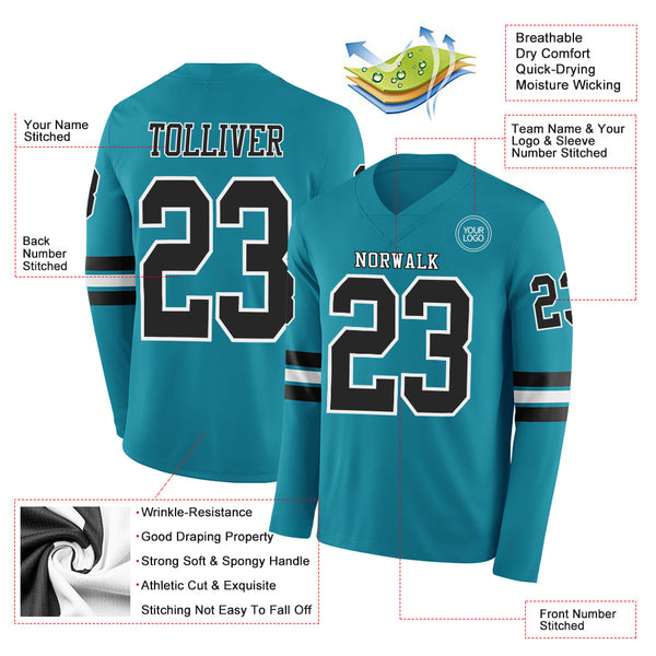 Custom Teal Black-White Long Sleeve Authentic Football Jersey alternate