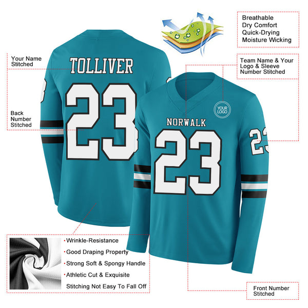 Custom Teal White-Black Long Sleeve Authentic Football Jersey alternate