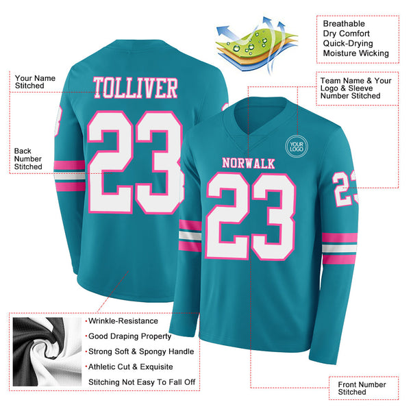 Custom Teal White-Pink Long Sleeve Authentic Football Jersey alternate