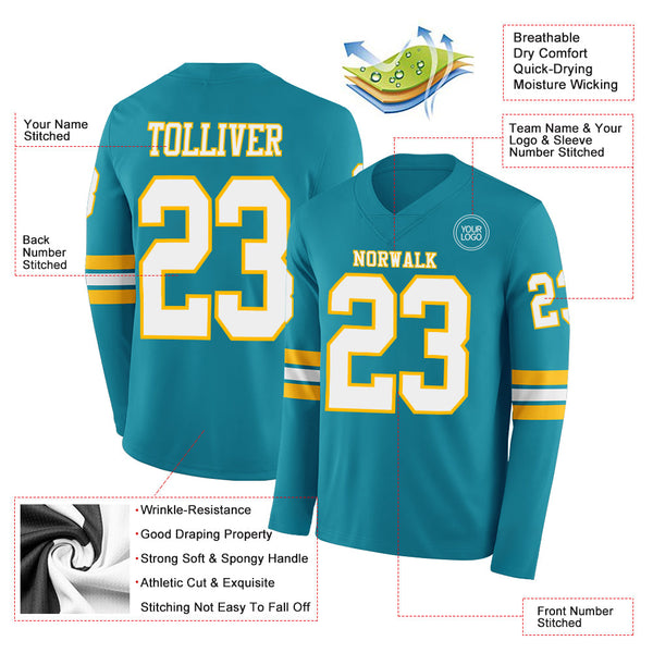 Custom Teal White-Gold Long Sleeve Authentic Football Jersey alternate