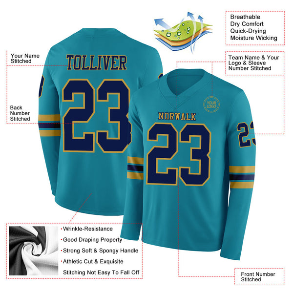 Custom Teal Navy-Old Gold Long Sleeve Authentic Football Jersey alternate