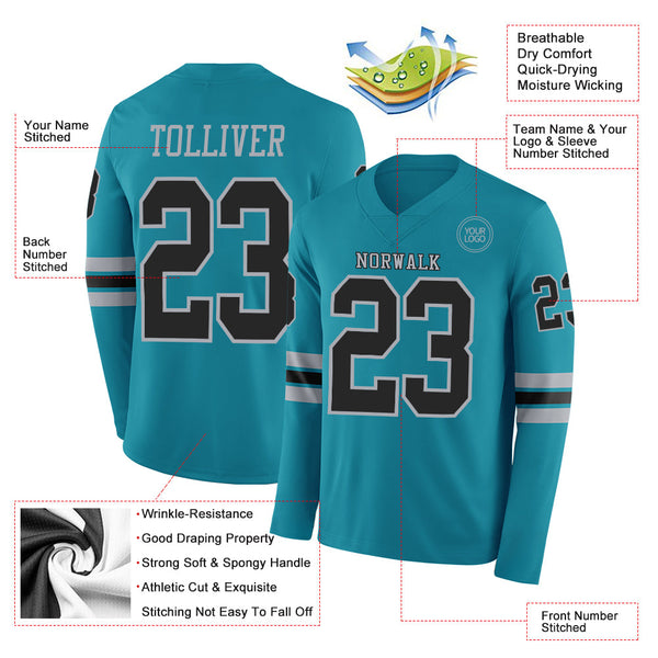Custom Teal Black-Gray Long Sleeve Authentic Football Jersey alternate