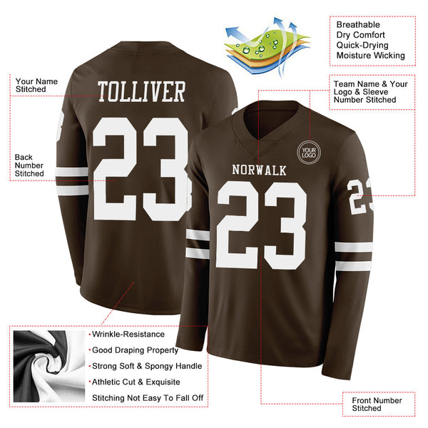 Custom Brown White Long Sleeve Authentic Football Jersey alternate
