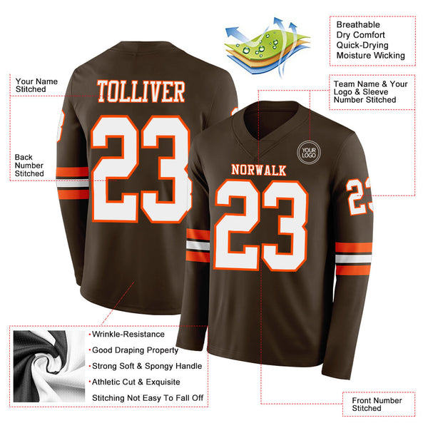 Custom Brown White-Orange Long Sleeve Authentic Football Jersey alternate