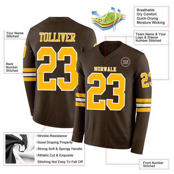 Custom Brown Gold-White Long Sleeve Authentic Football Jersey alternate