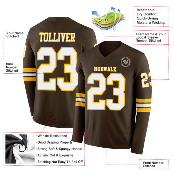 Custom Brown White-Gold Long Sleeve Authentic Football Jersey alternate