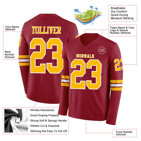 Custom Cardinal Gold-White Long Sleeve Authentic Football Jersey alternate