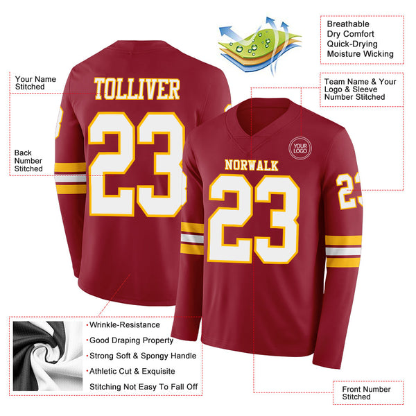 Custom Cardinal White-Gold Long Sleeve Authentic Football Jersey alternate