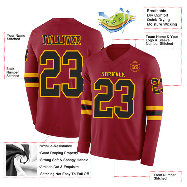 Custom Cardinal Black-Gold Long Sleeve Authentic Football Jersey alternate
