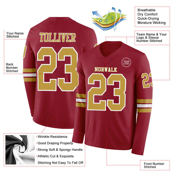 Custom Cardinal Old Gold-White Long Sleeve Authentic Football Jersey alternate
