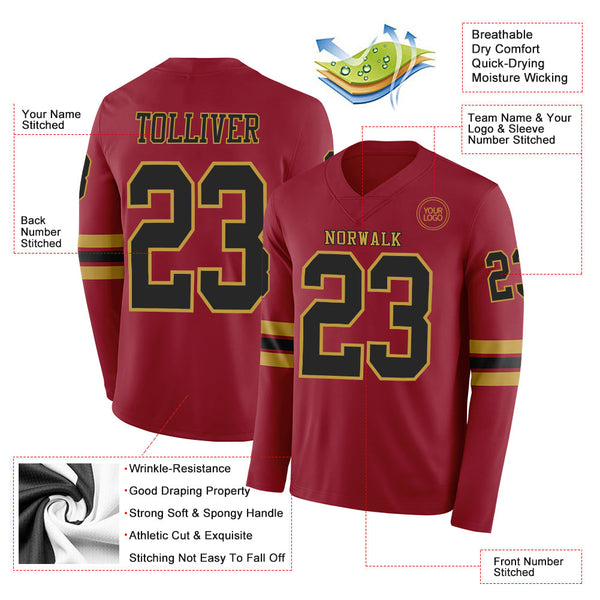 Custom Cardinal Black-Old Gold Long Sleeve Authentic Football Jersey alternate