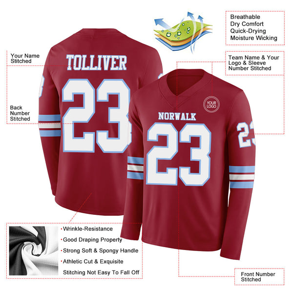 Custom Cardinal White-Light Blue Long Sleeve Authentic Football Jersey alternate