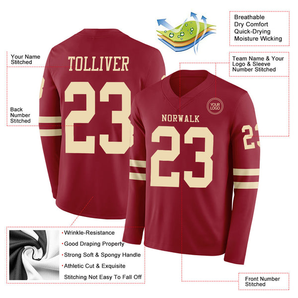 Custom Cardinal Cream Long Sleeve Authentic Football Jersey alternate