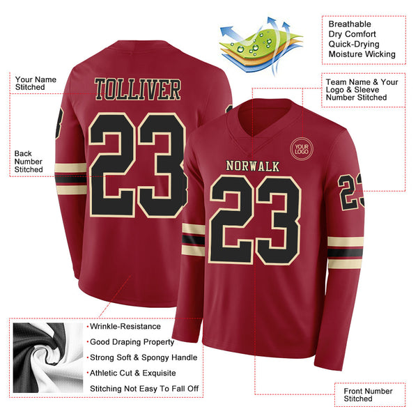 Custom Cardinal Black-Cream Long Sleeve Authentic Football Jersey alternate
