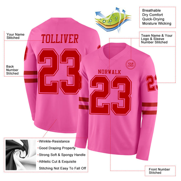 Custom Pink Red Long Sleeve Authentic Football Jersey alternate