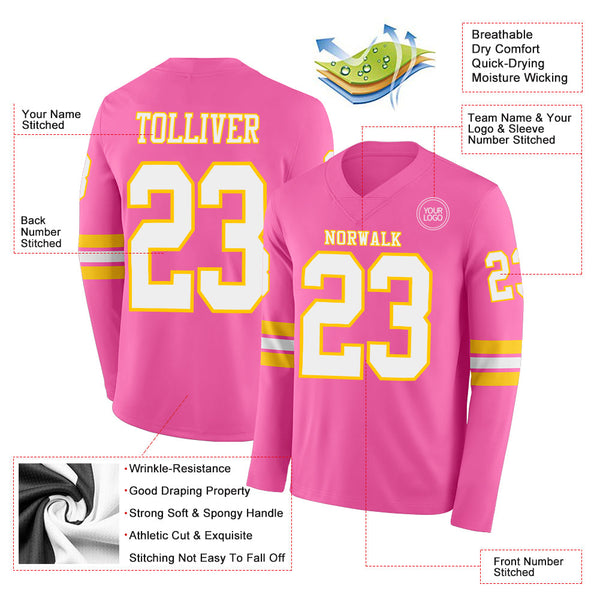 Custom Pink White-Yellow Long Sleeve Authentic Football Jersey alternate