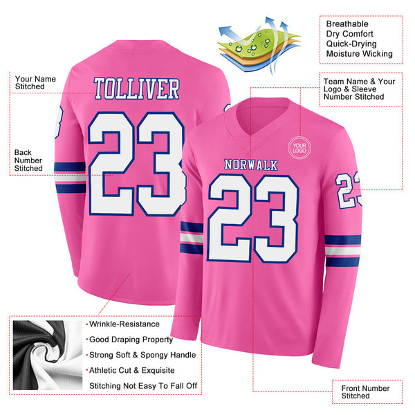 Custom Pink White-Royal Long Sleeve Authentic Football Jersey alternate