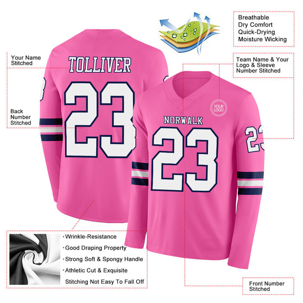 Custom Pink White-Navy Long Sleeve Authentic Football Jersey alternate