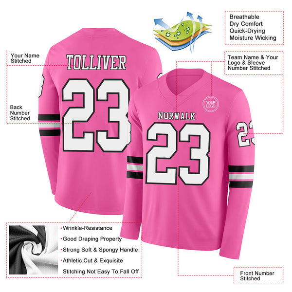 Custom Pink White-Black Long Sleeve Authentic Football Jersey alternate