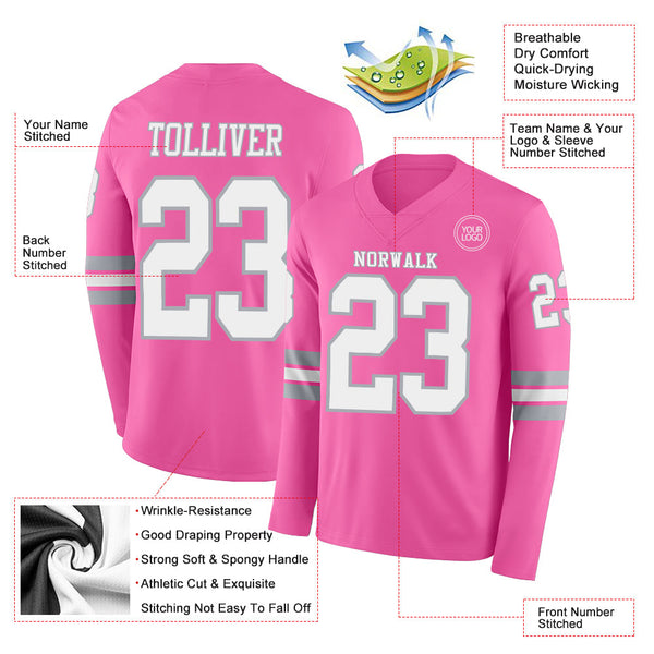 Custom Pink White-Gray Long Sleeve Authentic Football Jersey alternate