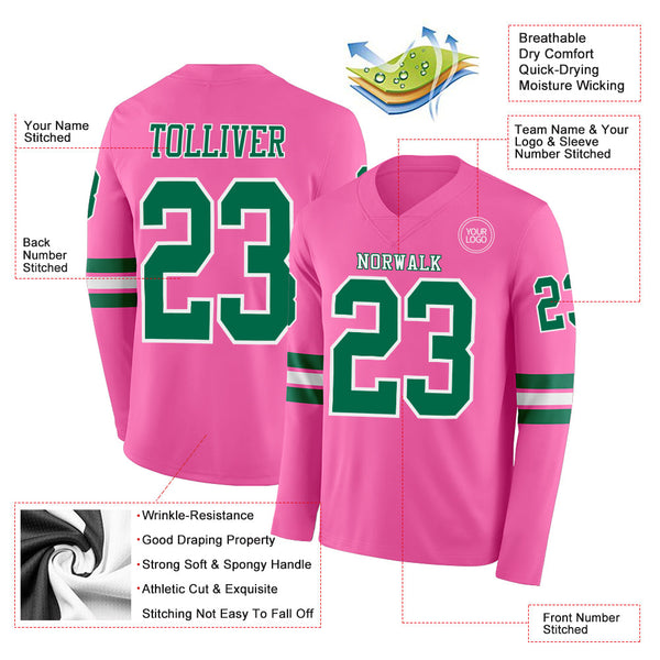 Custom Pink Kelly Green-White Long Sleeve Authentic Football Jersey alternate