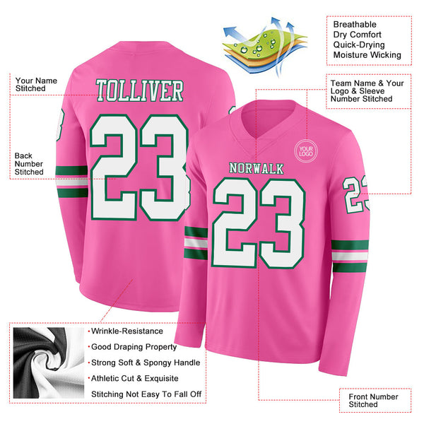 Custom Pink White=Kelly Green Long Sleeve Authentic Football Jersey alternate