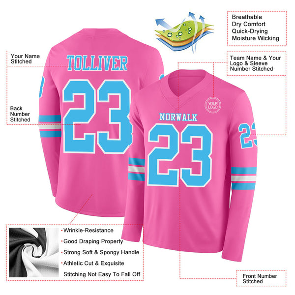 Custom Pink Sky Blue-White Long Sleeve Authentic Football Jersey alternate