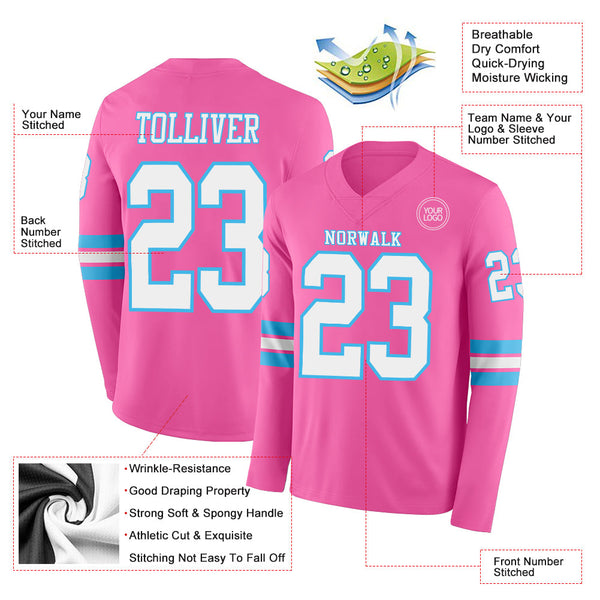 Custom Pink White-Sky Blue Long Sleeve Authentic Football Jersey alternate