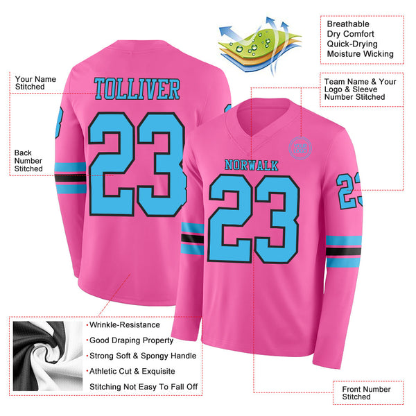 Custom Pink Sky Blue-Black Long Sleeve Authentic Football Jersey alternate