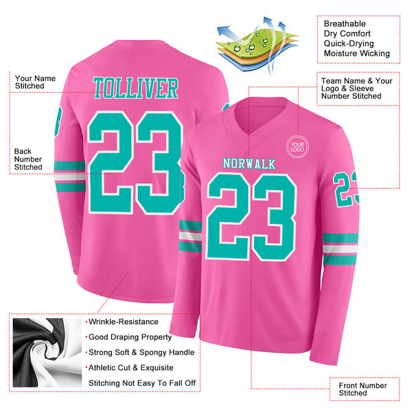 Custom Pink Aqua-White Long Sleeve Authentic Football Jersey alternate