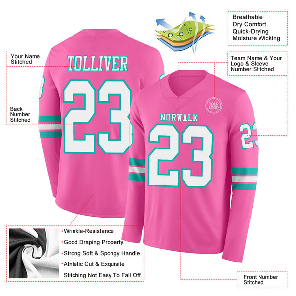 Custom Pink White-Aqua Long Sleeve Authentic Football Jersey alternate