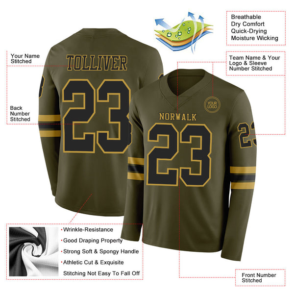 Custom Olive Black-Old Gold Long Sleeve Salute To Service Authentic Football Jersey alternate