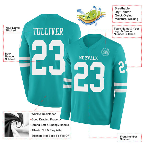Custom Aqua White Long Sleeve Authentic Football Jersey alternate