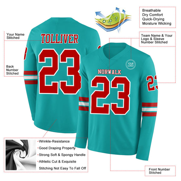 Custom Aqua Red-White Long Sleeve Authentic Football Jersey alternate