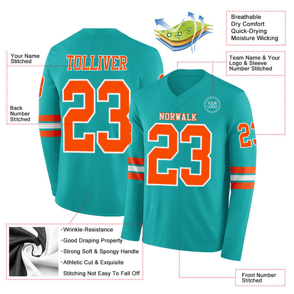 Custom Aqua Orange-White Long Sleeve Authentic Football Jersey alternate
