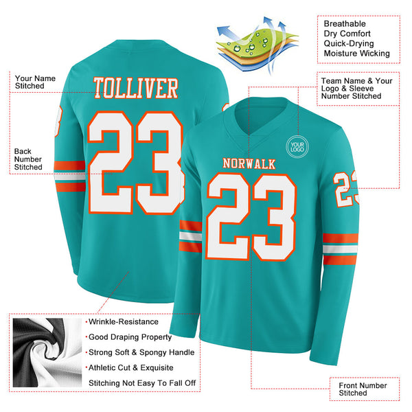 Custom Aqua White-Orange Long Sleeve Authentic Football Jersey alternate