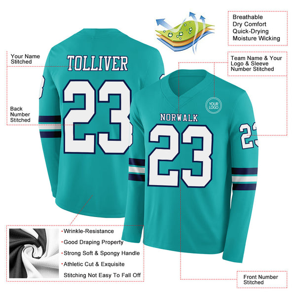 Custom Aqua White-Navy Long Sleeve Authentic Football Jersey alternate