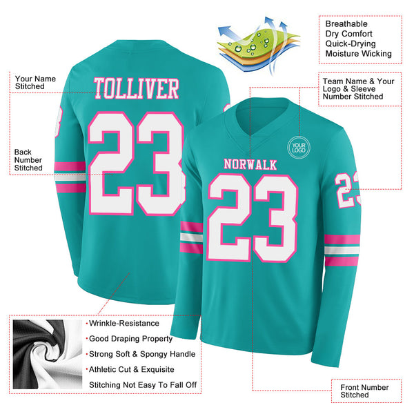 Custom Aqua White-Pink Long Sleeve Authentic Football Jersey alternate