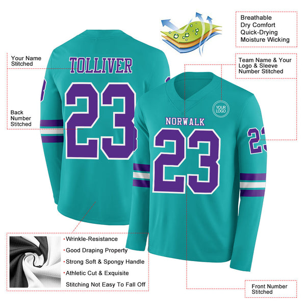 Custom Aqua Purple-White Long Sleeve Authentic Football Jersey alternate