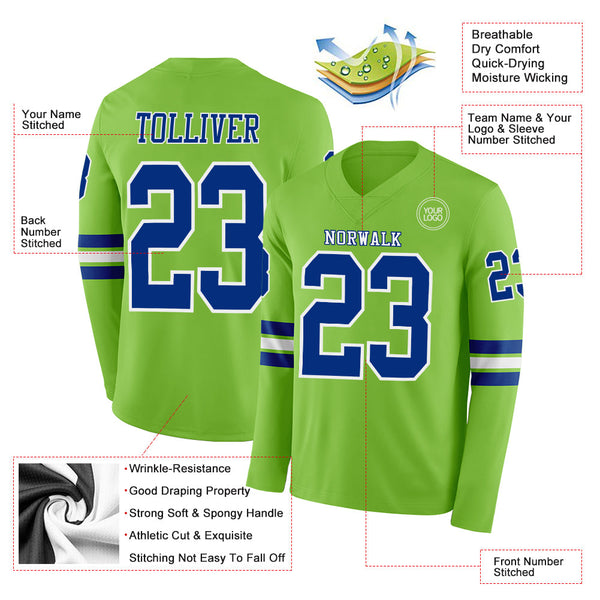 Custom Neon Green Royal-White Long Sleeve Authentic Football Jersey alternate