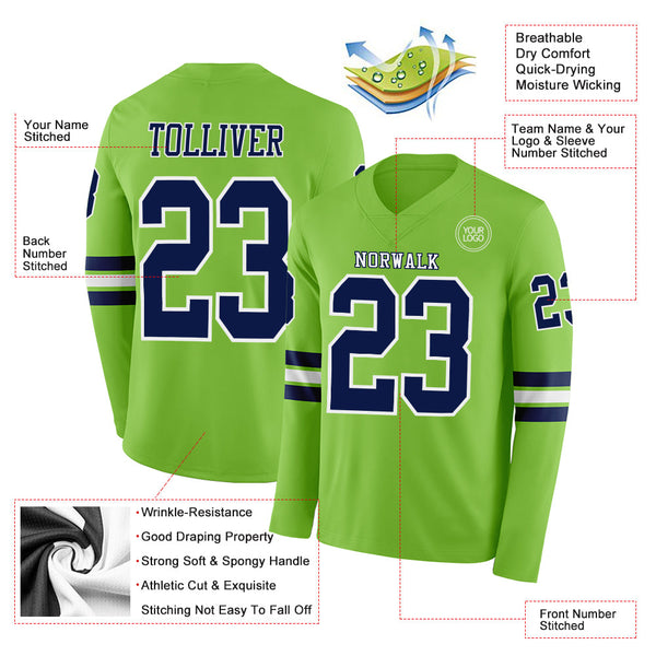 Custom Neon Green Navy-White Long Sleeve Authentic Football Jersey alternate