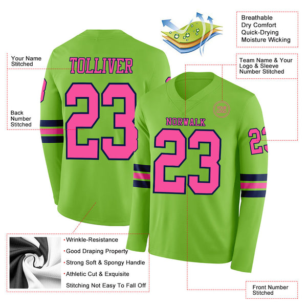 Custom Neon Green Pink-Navy Long Sleeve Authentic Football Jersey alternate