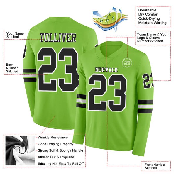 Custom Neon Green Black-White Long Sleeve Authentic Football Jersey alternate